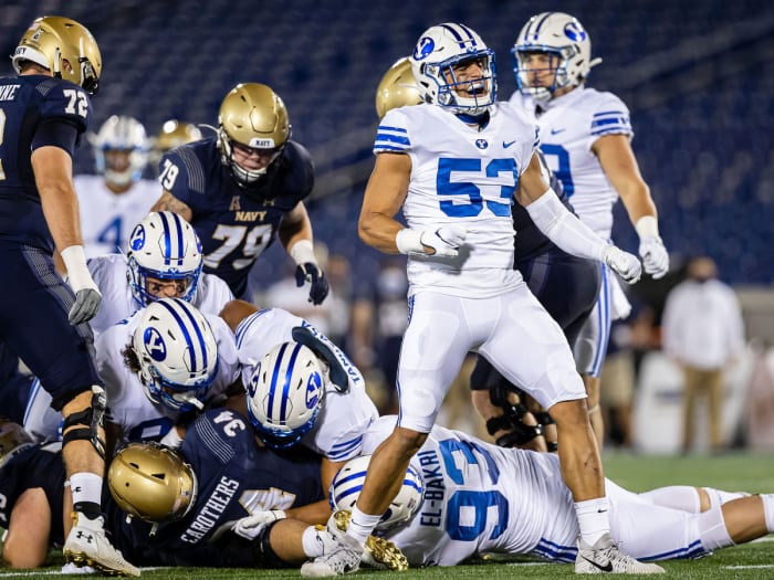 BYU celebrates a defensive play against Navy